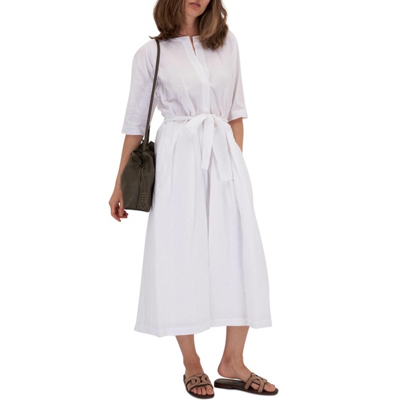 VINCE Linen-Cotton Belted Boat Neck Dress in Optic White Size Medium M - Picture 7 of 7